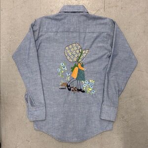 Vintage 1970’s Orange Tab Men's Blue Button-Up Shirt with Embroidered Design